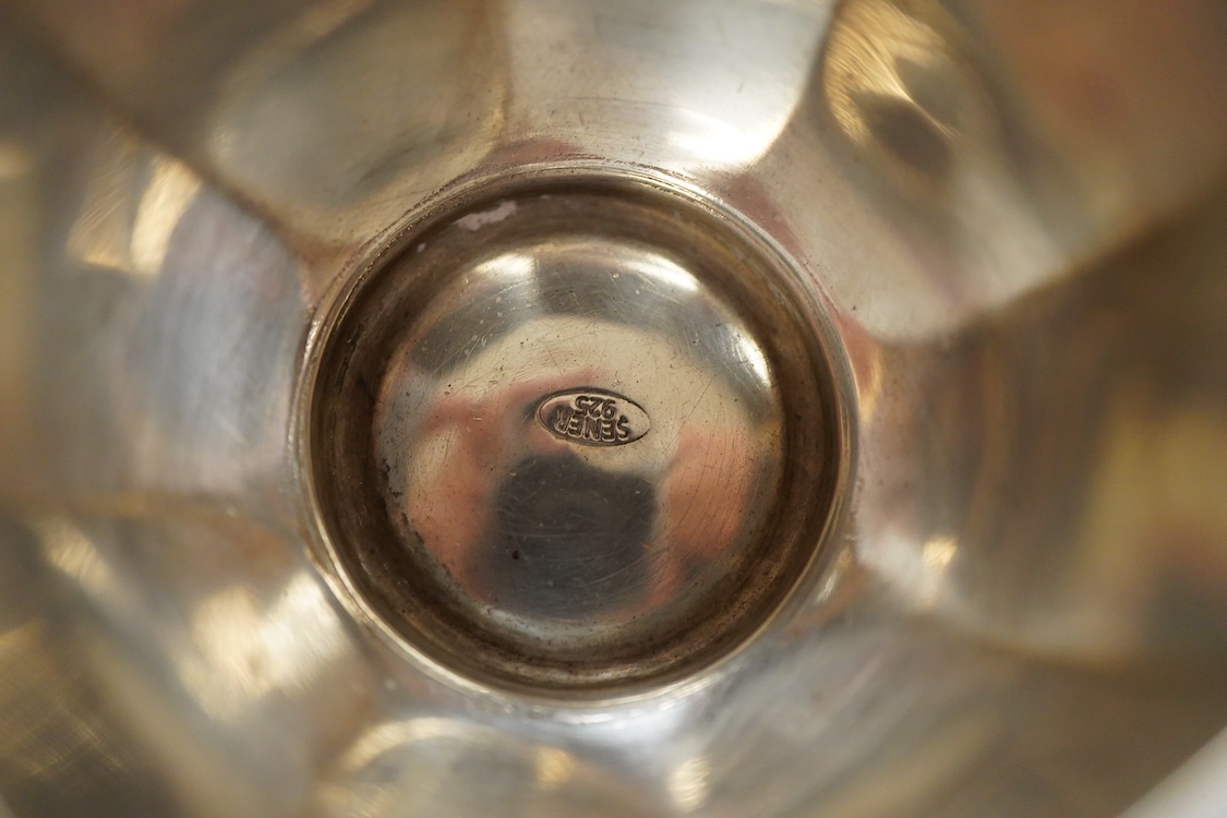 Four 20th century Turkish Sener 925 octagonal coffee cups and two saucers, together with four other Turkish 800 standard white metal small dishes and one other 800 dish, 13oz.